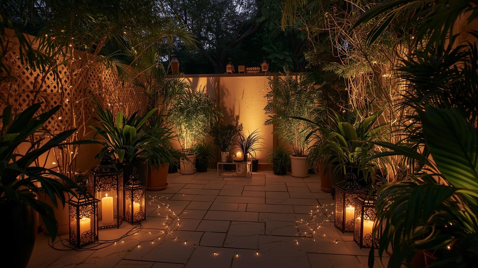 terrace garden with lighting and aesthatic accessories