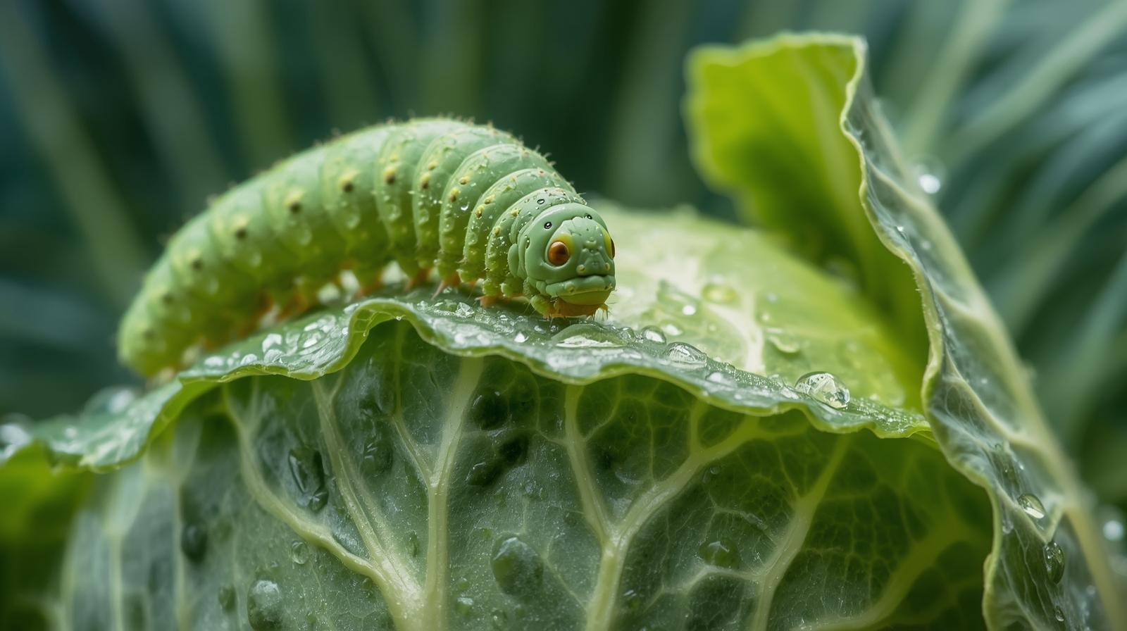 Green caterpillar on wet cabbage leaf.