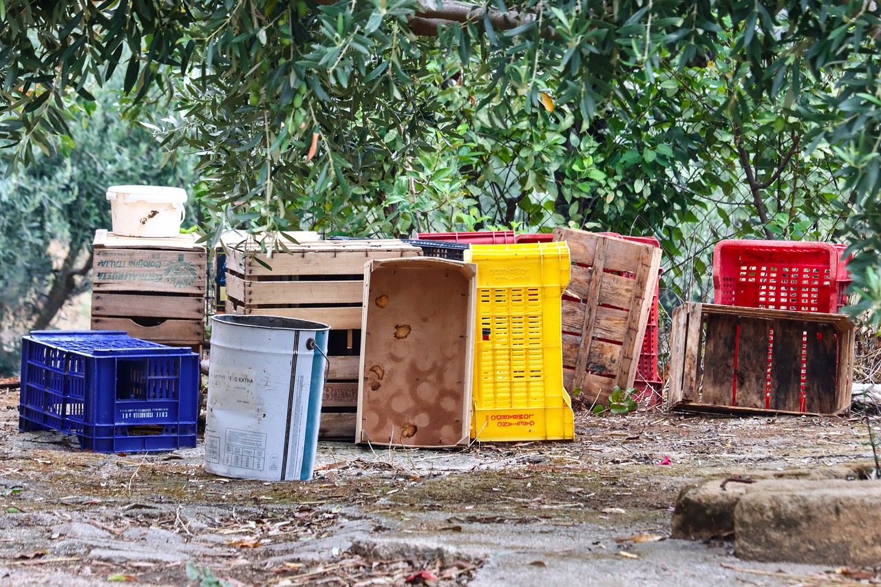 plastic and wooden crates for terrace garden setup