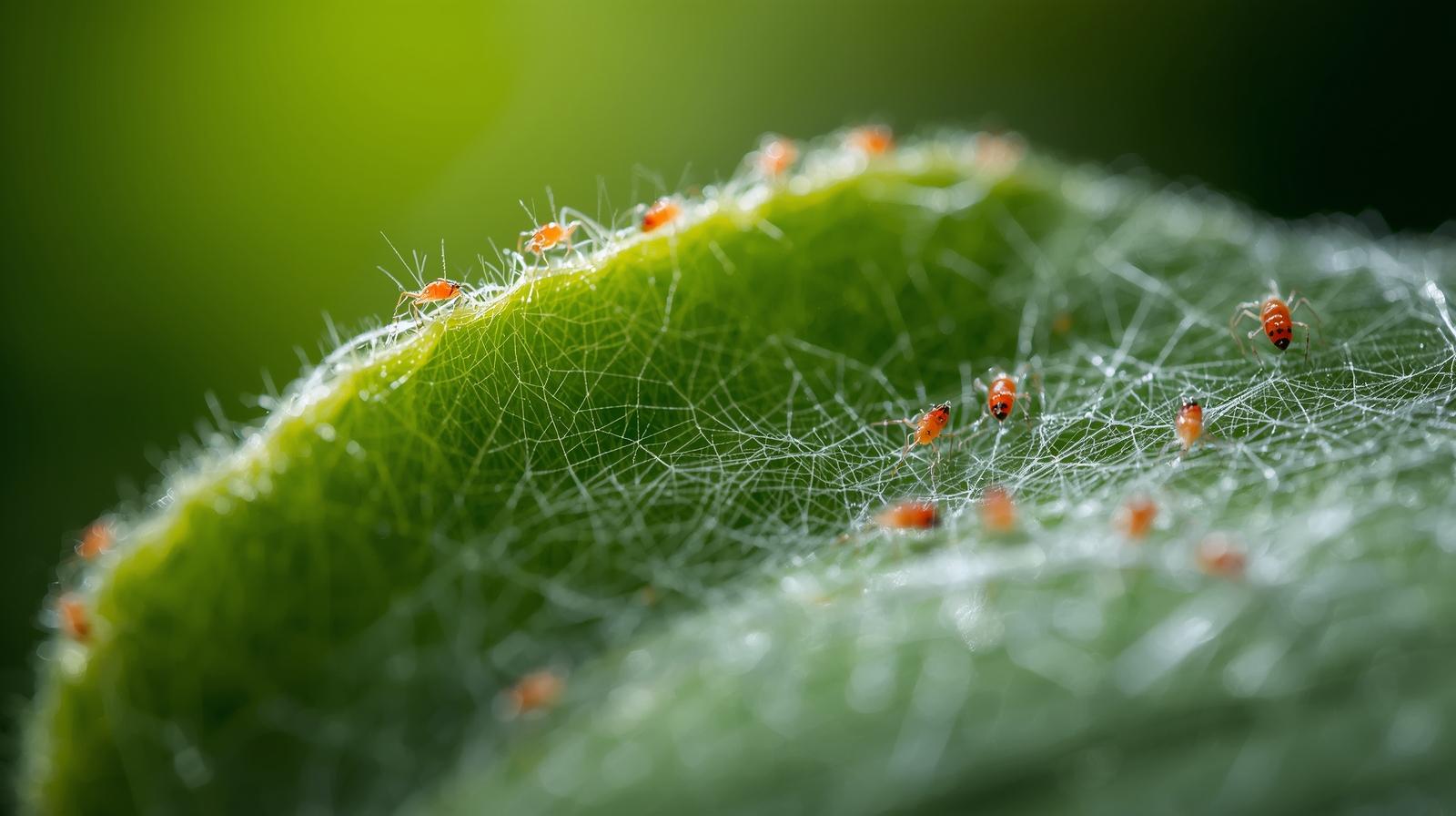 Tiny red spidermites on green leaf